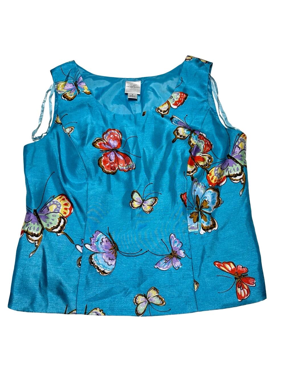Emma James Teal Butterfly Satin Side Zip Blouse Size 8